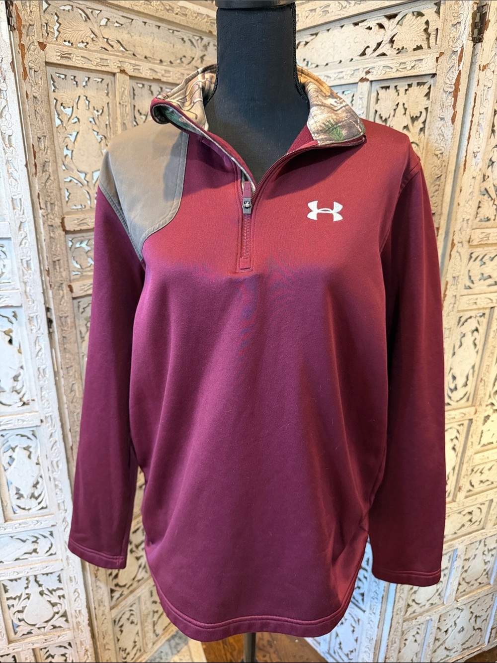 Under Armour Men's Burgundy/Camo Quarter-Zip Pullover with Brown Shoulder Detail